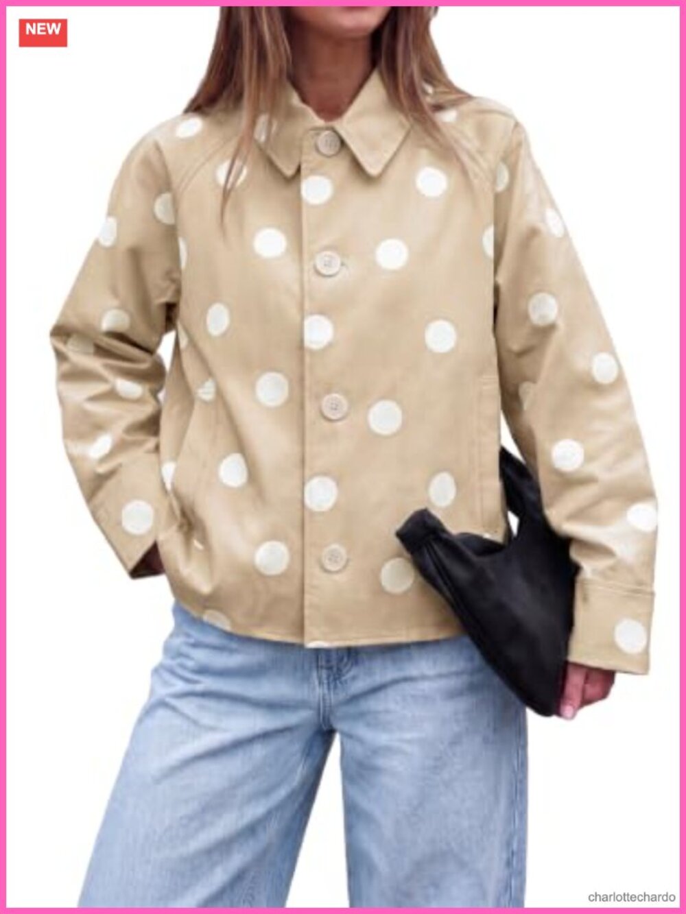 Women's Polka Dot Trench Coat Raglan Sleeve Button Down Fall Jacket
